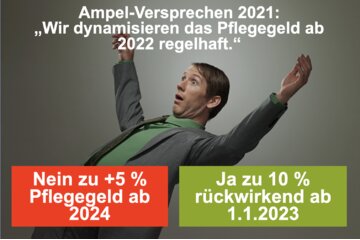 Bild der Petition Ampel: Versprechen muss man halten! Nein zu +5% Pflegegeld ab 2024. Ja zu +10% rückwirkend ab 2023