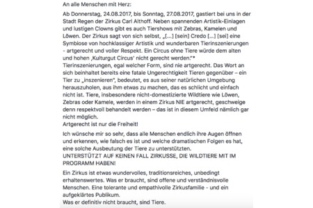 Bild der Petition Wildtiere raus aus dem Zirkus - Wildtierverbot in Regen