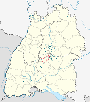 Harta lui Districtul Tübingen cu marcatori pentru fiecare suporter